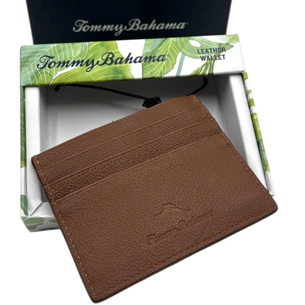 Tommy Bahama Tan Basket Weave Leather Card Case Slim Wallet Men's